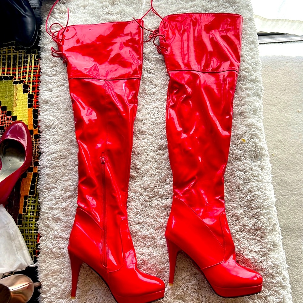 Over the knee tall boots. Red, vinyl, 9.5